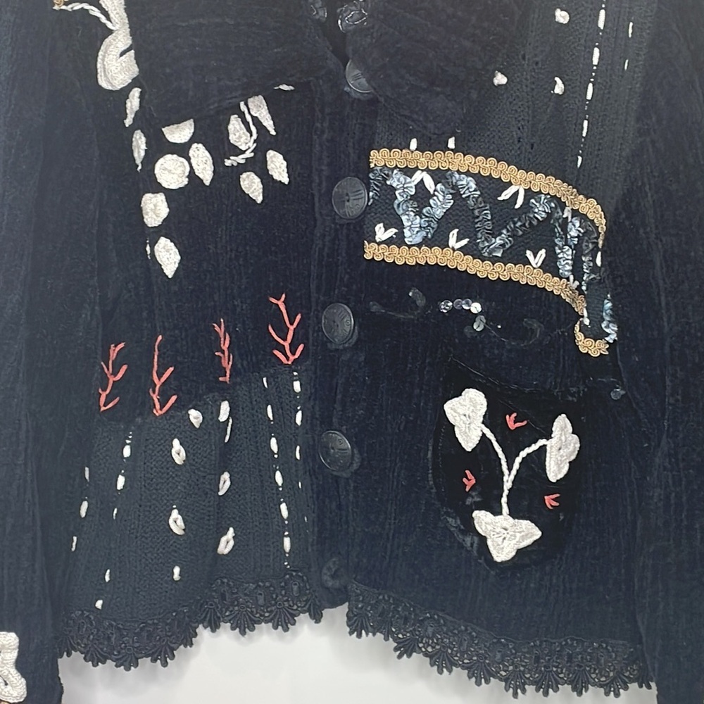 Vintage Sandy Starkman || Chenille Button Front/Ribbon Art Sweater/Jacket - Picture 4 of 17